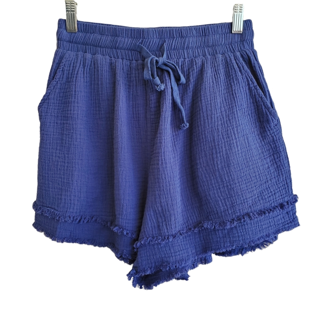 GiGio Navy Blue Summer Shorts Raw Hem Elastic Drawstring Waist Pockets Gauze